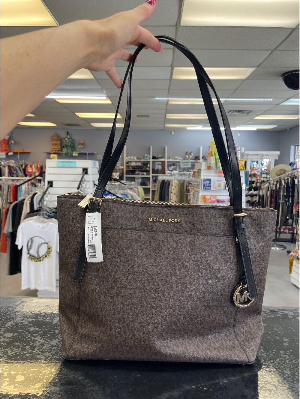 Michael Kors Large Brown Logo Tote Bag with Black Leather Straps